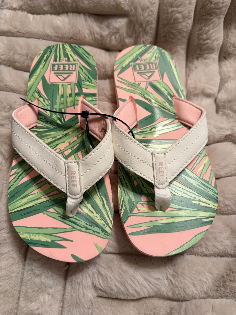 Reef Palm-Print Pink & Green Thong Sandals with White Straps